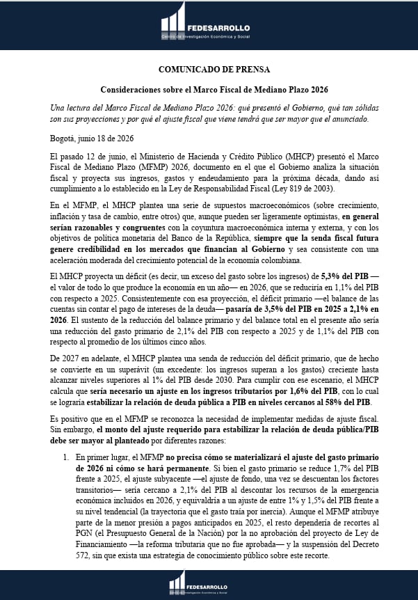 Fedesarrollo ve la necesidad de que el próximo Gobierno haga un ajuste mayor al proyectado en el Marco Fiscal de Mediano Plazo - crédito Fedesarrollo