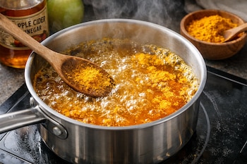 Olla de acero inoxidable hirviendo con vinagre de manzana y cúrcuma en polvo, cuchara de madera con cúrcuma, cuenco de madera con cúrcuma y una manzana verde.