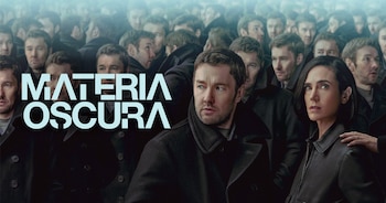 Cartel con el título Materia oscura, que presenta a Joel Edgerton y Jennifer Connelly al frente de una multitud de hombres idénticos