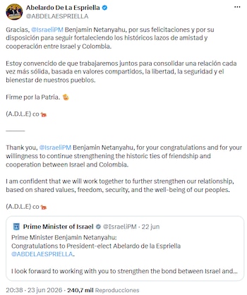 El presidente electo Abelardo de la Espriella agradeció a Netanyahu el respaldo y ratificó compromiso con Israel - crédito @ABDELAESPRIELLA/X