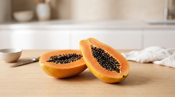 Dos mitades de papaya fresca con semillas negras sobre una mesa de madera. Se observa un cuenco, un cuchillo y un repasador blanco.