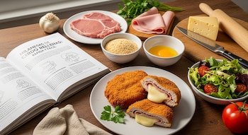 Dos milanesas de cerdo rellenas y cortadas con queso derretido, rodeadas de ingredientes crudos como carne, jamón, queso, huevo, pan rallado, y una ensalada fresca.