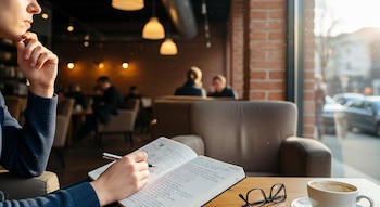 Manos de una persona escribiendo en una libreta sobre una mesa de madera en una cafetería, mirando por la ventana. Hay una taza de café y gafas. Fondo difuso con gente y pared de ladrillo.