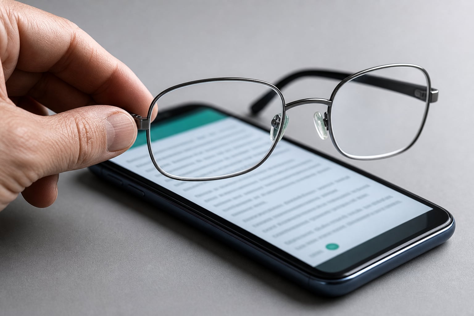 Una mano sostiene unos anteojos de lectura frente a la pantalla de un teléfono inteligente durante la lectura de un texto digital. (Imagen Ilustrativa Infobae)