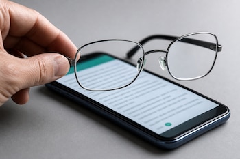 Una mano sostiene unos anteojos de marco metálico sobre la pantalla de un teléfono inteligente apoyado en una superficie gris.