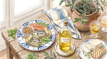 Salmón, sardinas enlatadas, aceite de chía, nueces, edamame y tofu en bloques y a la parrilla sobre una mesa de madera.