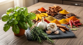 Imagen de una mesa de madera con una maceta de albahaca, un atado de romero, dos cabezas de ajo, y montones de diversas especias en polvo y enteras en recipientes.
