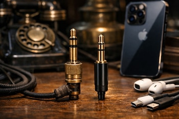 Un conector jack de 3,5 mm antiguo de metal dorado y uno moderno negro con punta dorada, junto a un iPhone oscuro, audífonos blancos y cables USB-C, sobre una mesa de madera.
