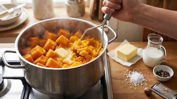 Primer plano de una mano pisando zapallo cocido y humeante en una olla. Sobre la tabla de madera hay mantequilla, leche, sal, pimienta y nuez moscada.