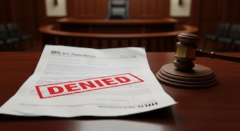 Una declaración de impuestos del IRS de EE. UU. con el sello rojo 'DENIED' al lado de un martillo de juez, sobre un escritorio de madera en un juzgado.