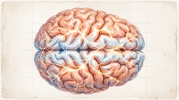 Ilustración en vista superior de un cerebro humano con tonos anaranjados y azules, cubierto por una red de líneas luminosas doradas.