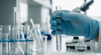 Primer plano de una mano con guante azul de látex que sostiene verticalmente un tubo de ensayo de vidrio con un líquido transparente ligeramente azulado. El fondo borroso muestra un laboratorio con instrumentos.