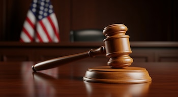 Mazo de juez de madera sobre una mesa de madera pulida, con una bandera de Estados Unidos desenfocada en el fondo de un entorno de tribunal.
