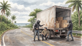 Dibujo de dos hombres encapuchados junto a un camión abierto; uno retiene al conductor agachado mientras el otro baja una caja de cartón.
