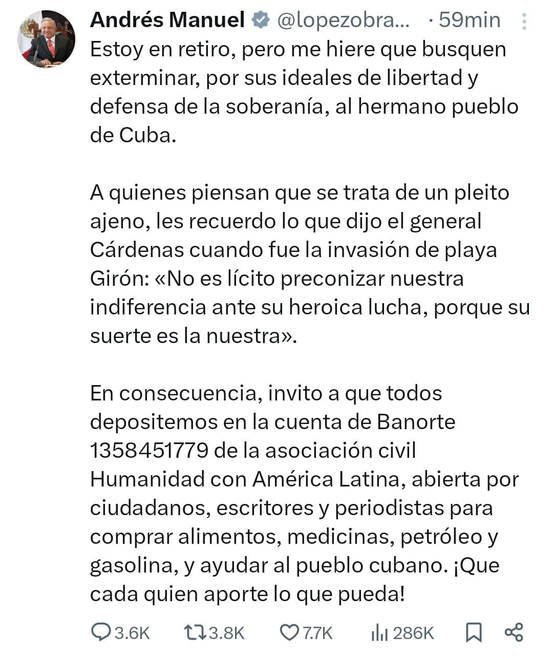 El ex presidente de México hizo un llamado a la solidaridad con el pueblo cubano. Foto: (Captura de Pantalla)