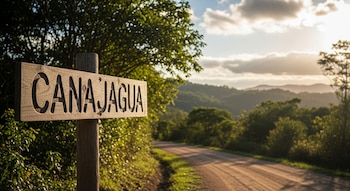 Un letrero de madera con "CANAJAGUA" grabado en mayúsculas, junto a un camino de tierra. Al fondo, árboles, colinas verdes y un cielo con nubes iluminadas por el sol.
