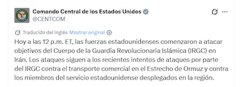 Captura de pantalla de una publicación de la cuenta del Comando Central de los Estados Unidos con un mensaje sobre ataques en Irán