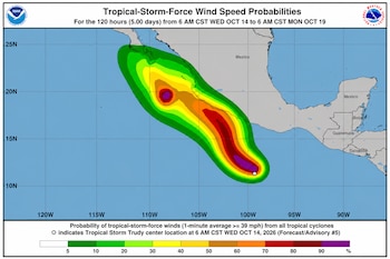 Mapa meteorológico con zonas de color verde, amarillo, rojo y violeta frente a la costa del océano Pacífico de México y Centroamérica.