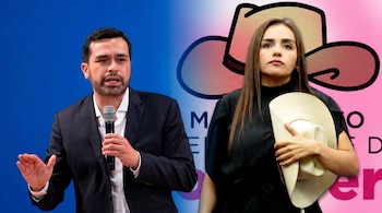Composición digital de dos figuras: un hombre barbudo en traje oscuro con micrófono; y una mujer de cabello largo con blusa negra sosteniendo un sombrero.