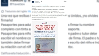 Captura de pantalla de un tuit. Contiene texto con instrucciones sobre pasaportes de Estados Unidos y una imagen de un pasaporte con la línea de firma resaltada