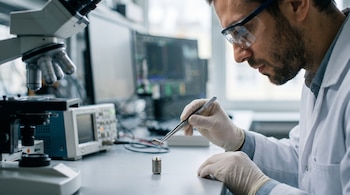 Científico con bata, guantes y gafas examina con pinzas un dispositivo metálico cilíndrico sobre una mesa, con un microscopio y equipos electrónicos.