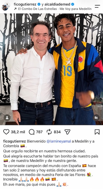 Federico Gutiérrez compartió una fotografía con Lamine Yamal y le dio la bienvenida a Medellín -crédito ficogutierrez/Instagram