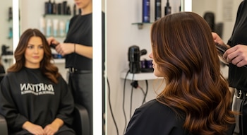 Mujer con cabello castaño ondulado, vestida con capa negra, sentada frente a un espejo iluminado, con una estilista peinándola.
