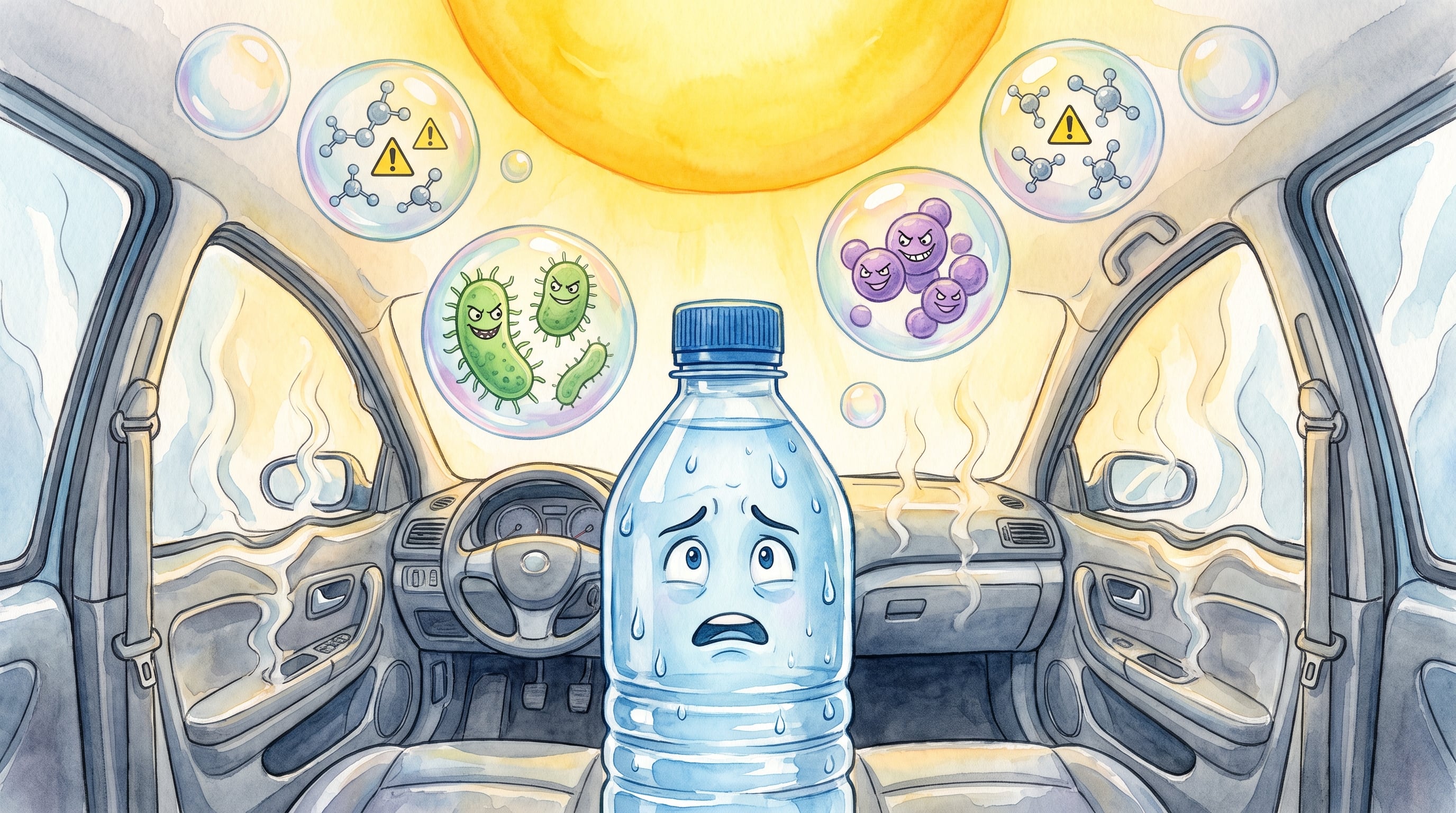 Riesgos de beber agua de botellas olvidadas en autos expuestos al calor