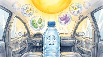 Una botella de agua plástica con cara asustada en el interior de un auto caliente bajo el sol. Burbujas muestran bacterias verdes y violetas y moléculas de plástico con símbolos de advertencia.