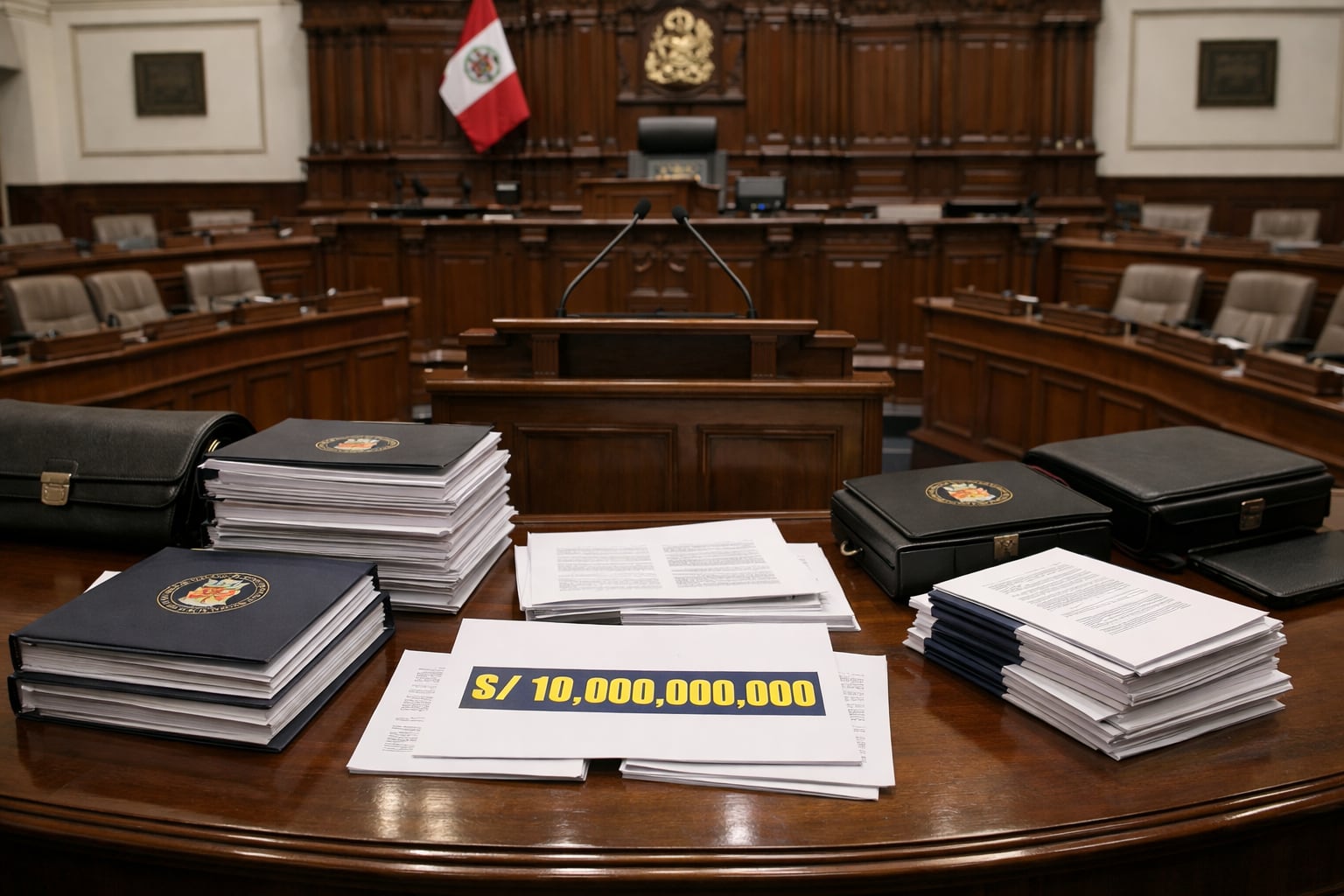 Documentos y portafolios del Congreso de la República del Perú sobre una mesa, que resaltan la cifra de S/ 10.000 millones para un crédito suplementario. (Imagen Ilustrativa Infobae)