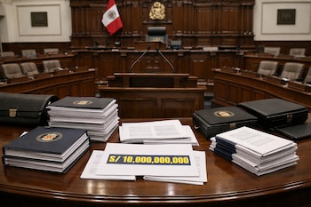 Interior del Congreso de Perú. Mesa de madera con pilas de documentos, portafolios negros con escudo nacional. Una hoja resalta "S/ 10,000,000,000".