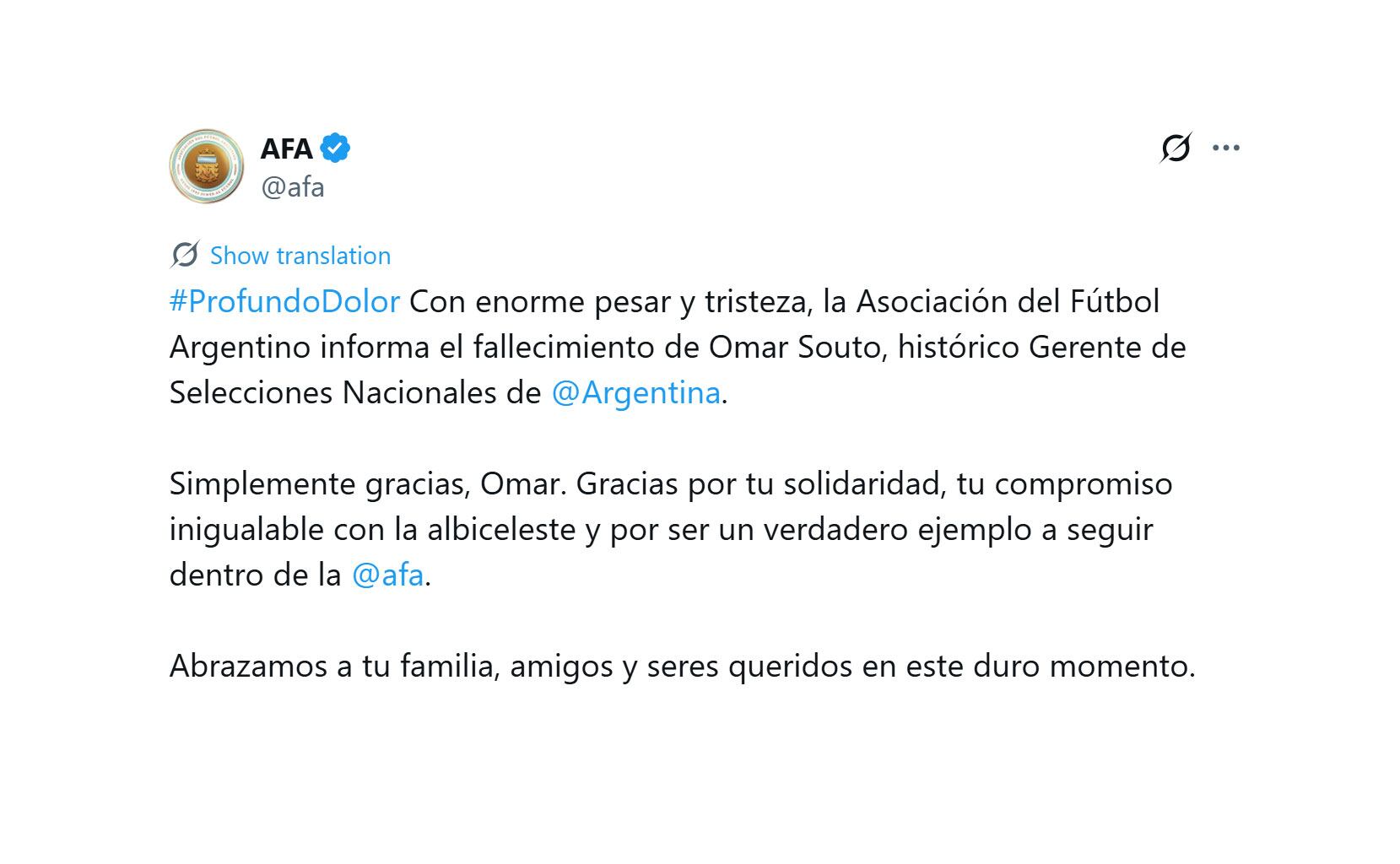 El mensaje de la AFA tras la muerte de Souto