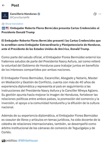 Flores Bermúdez representa oficialmente a Honduras ante el Gobierno estadounidense tras presentar sus credenciales diplomáticas. (FOTO: Cancillería Honduras)