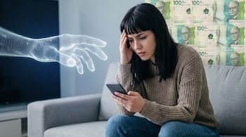 Mujer joven con flequillo y suéter marrón en sofá gris, mira su celular con preocupación. Mano virtual se extiende desde izquierda. Fondo con billetes colombianos de 100 mil pesos.