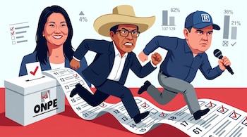 Ilustración de Roberto Sánchez y Rafael López Aliaga corriendo en una boleta de votación, con Keiko Fujimori sonriente junto a una urna de ONPE y gráficos de porcentajes.