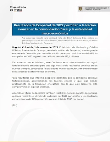 Ministerio de Hacienda sobre utilidades de Ecopetrol en 2022
