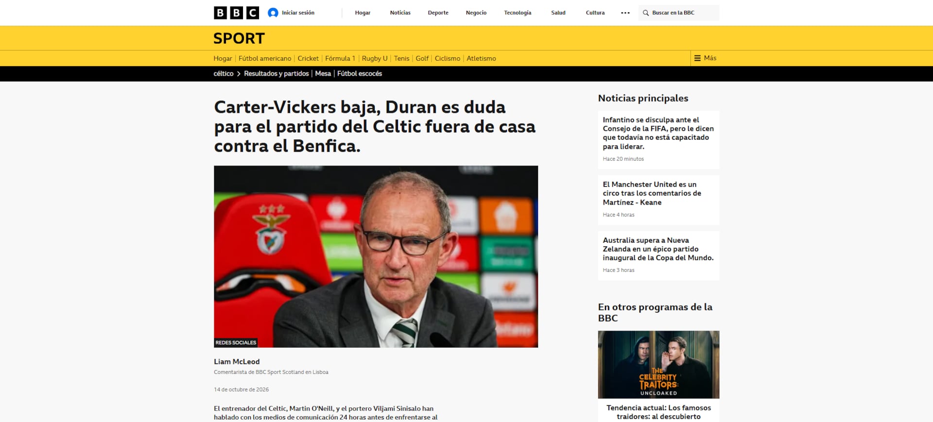Desde Escocia se informó que Camilo Durán sería una de las dudas en el once inicial del cuadro de los celtas -crédito BBC