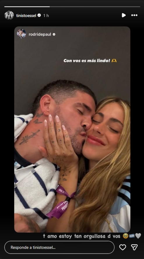 Tini Stoessel respondió a la publicación de Rodrigo de Paul con un mensaje en Instagram: “Te amo. Estoy tan orgullosa de vos”