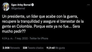 Tweet de Egan Bernal criticando