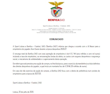 El comunicado oficial de Benfica anunciando el refuerzo de Jhon Jader Durán - crédito Benfica
