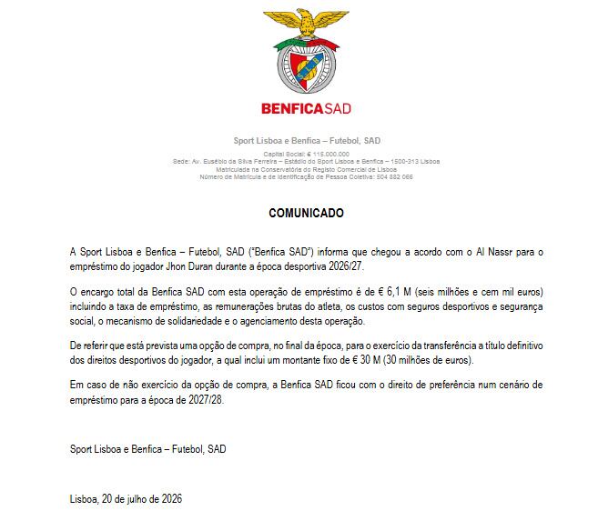 El comunicado oficial de Benfica anunciando el refuerzo de Jhon Jader Durán - crédito Benfica