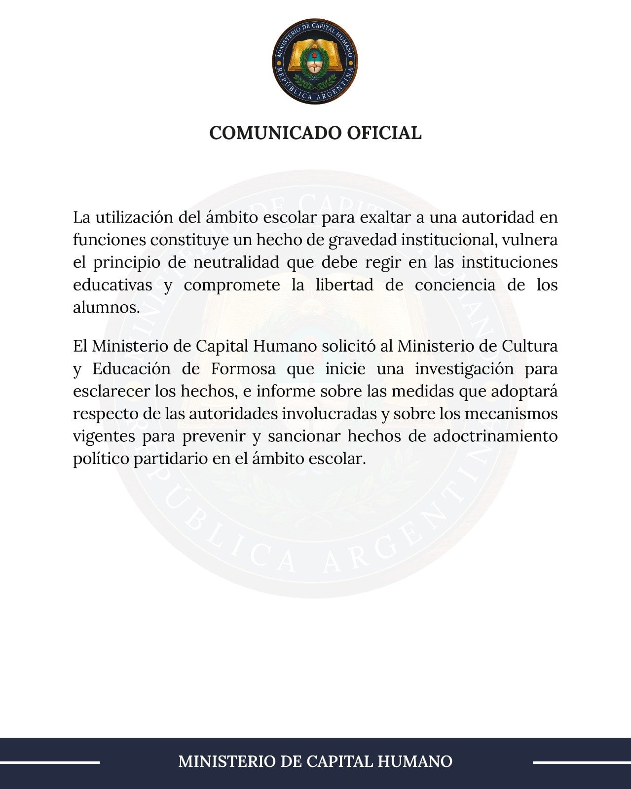 Al momento del cierre, el Ministerio de Cultura y Educación de Formosa no había emitido ninguna respuesta pública al pedido de información formulado por la cartera nacional conducida por Sandra Pettovello