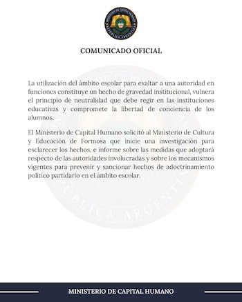 Al momento del cierre, el Ministerio de Cultura y Educación de Formosa no había emitido ninguna respuesta pública al pedido de información formulado por la cartera nacional conducida por Sandra Pettovello