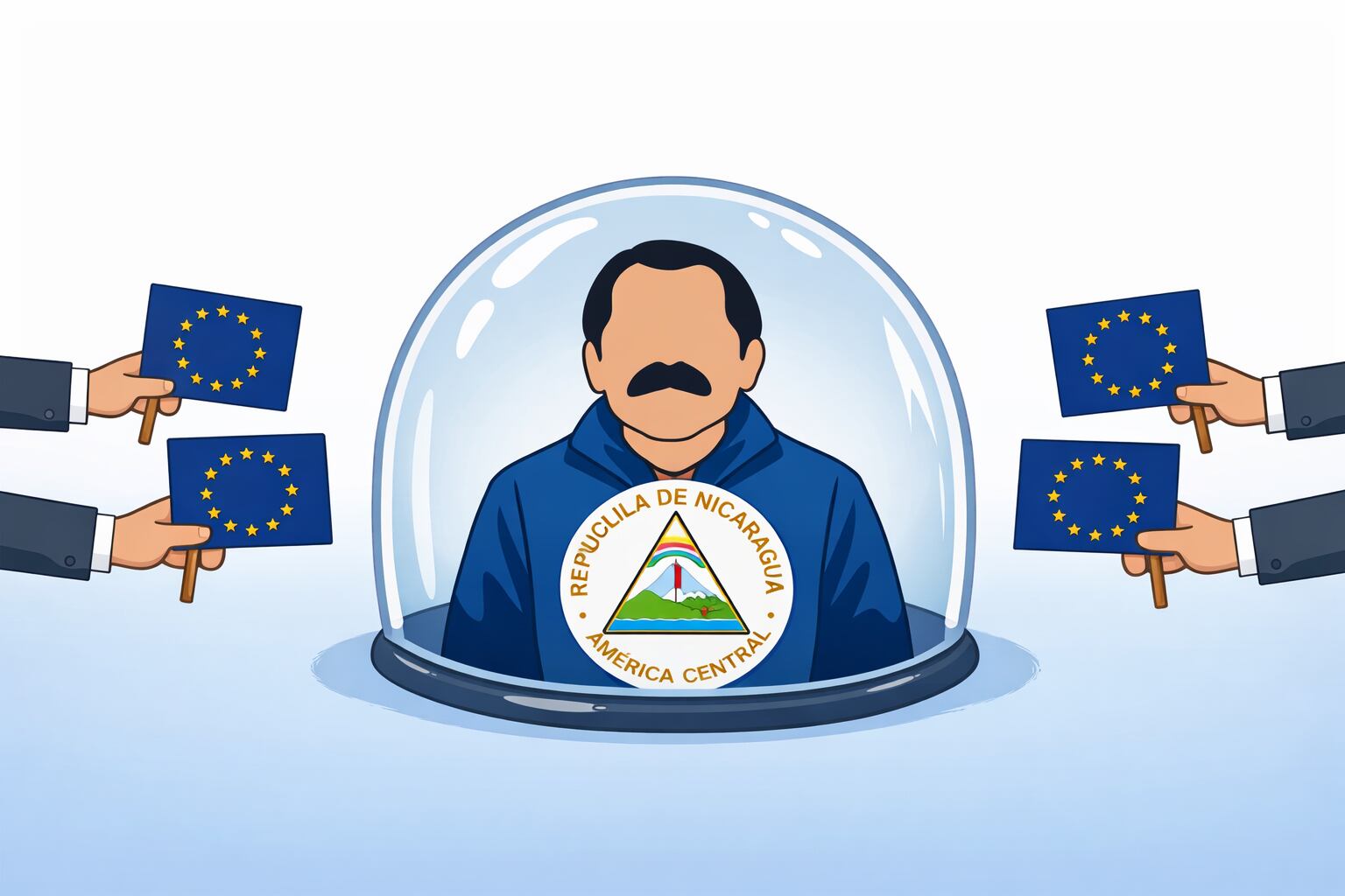 Daniel Ortega, presidente de Nicaragua, aparece dentro de un domo transparente, mientras manos diplomáticas sostienen banderas de la Unión Europea que intentan comunicarse con él sin éxito. (Imagen Ilustrativa Infobae)