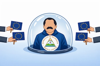 Silueta de Daniel Ortega con bigote y chaqueta azul con escudo de Nicaragua, dentro de un domo de cristal, y cuatro manos con banderas de la Unión Europea.