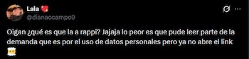 Usuarios manifestaron que el link que Rappi anexó a la respuesta solicitada por un juzgado de Bogotá no permite el acceso - crédito @dianaocampo9/X