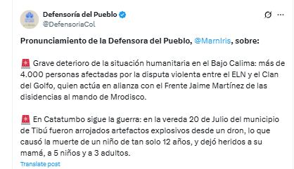 La defensora afirmó que la guerra no se detiene en el Catatumbo, y que hasta los derechos de los niños están en riesgo - crédito @DefensoríaCol