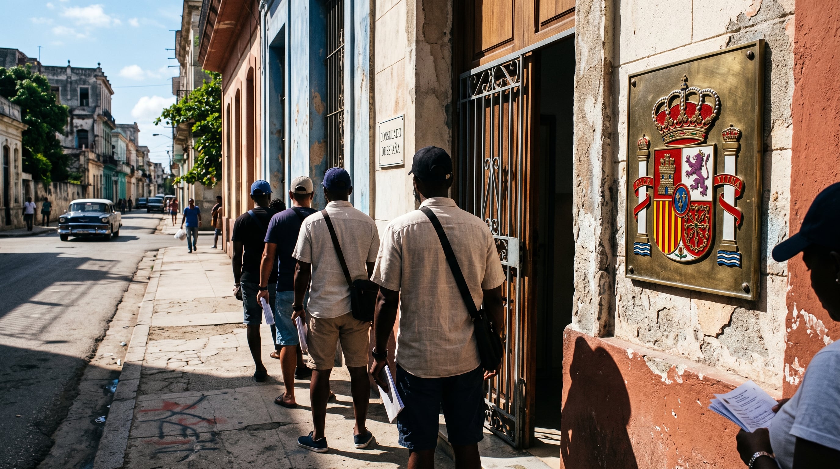 Varias personas forman una fila en la acera ante la entrada del Consulado de España en La Habana para presentar sus documentos. (Imagen Ilustrativa Infobae)