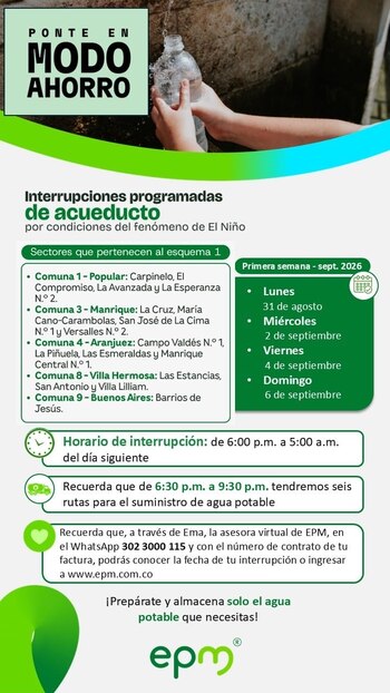 EPM iniciará el 31 de agosto un racionamiento de agua en Medellín por la sequía asociada al fenómeno de El Niño - crédito EPM