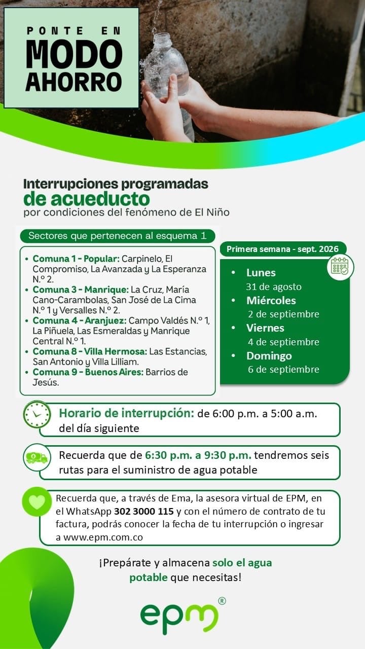 EPM iniciará el 31 de agosto un racionamiento de agua en Medellín por la sequía asociada al fenómeno de El Niño - crédito EPM